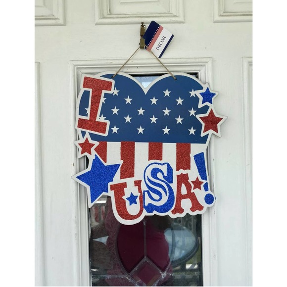 13” I Love The USA Heart My Country Stars Red White Blue Door Patriotic Sign - Picture 1 of 5